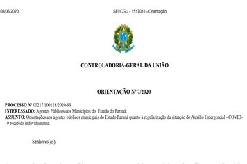 Orientações aos agentes públicos municipais do Estado Paraná quanto à regularização da situação do Auxílio Emergencial - COVID-19 recebido indevidamente.