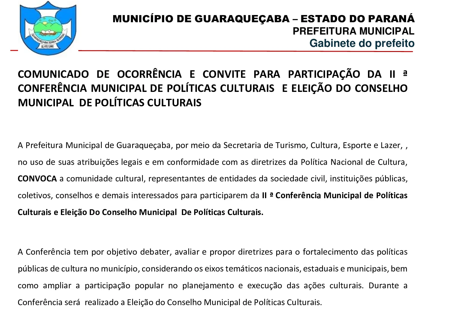 COMUNICADO DE OCORRÊNCIA E CONVITE