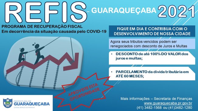 PREFEITURA DE GUARAQUEÇABA INSTITUI REFIS - PROGRAMA DE RECUPERAÇÃO FISCAL DO MUNICÍPIO E AUTORIZA O PARCELAMENTO DE TAXAS E ALVARÁS EM DECORRÊNCIA A SITUAÇÃO ECONÔMICA CAUSADA PELA COVID19