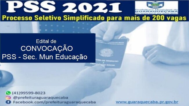 Prefeitura divulga Edital 012/2021 de convocação do PSS 02/2021 para vagas da Secretaria de Educação