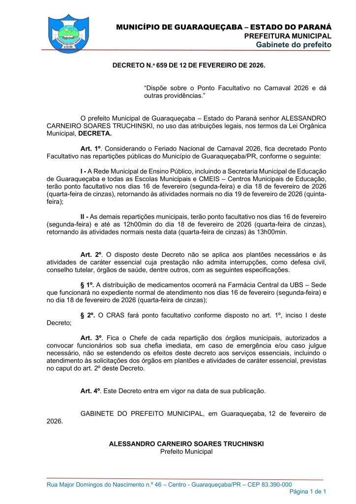 DECRETO N.º 659 DE 12 DE FEVEREIRO DE 2026
