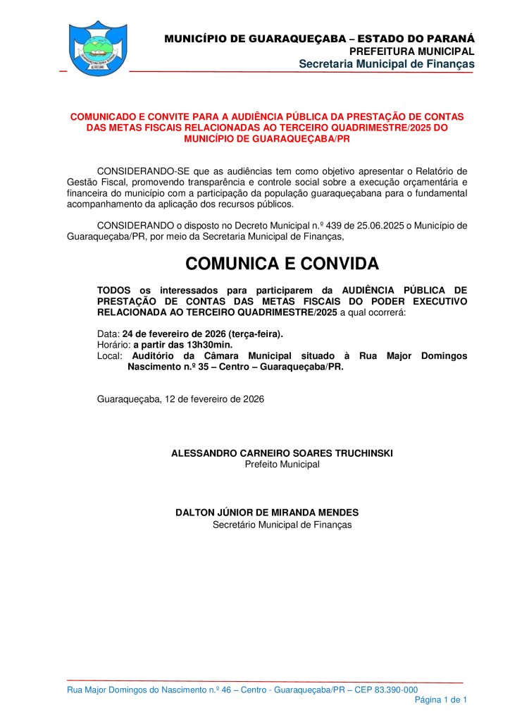 COMUNICADO E CONVITE PARA A AUDIÊNCIA PÚBLICA
