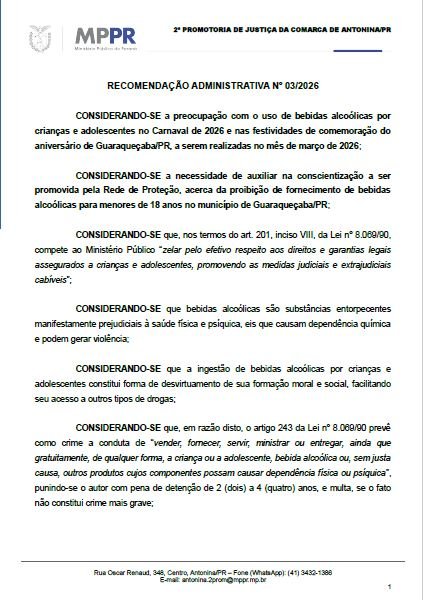 Recomendação Administrativa nº 003/2026 (Resposta MPPR)