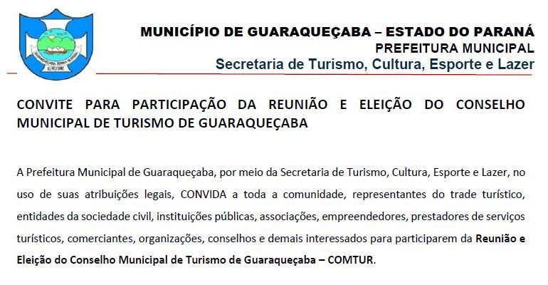 CONVITE PARA PARTICIPAÇÃO DA REUNIÃO E ELEIÇÃO DO CONSELHO MUNICIPAL DE TURISMO DE GUARAQUEÇABA